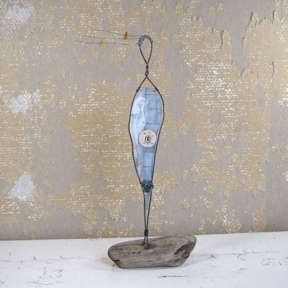 Goddess of the Sea Sculpture on Driftwood Mixed Media Wire Metal Art Rustic Beach House Decor