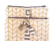 Yellow Herringbone Zipper pouch, cream, gray laminated interior fabric, SET OF 2
