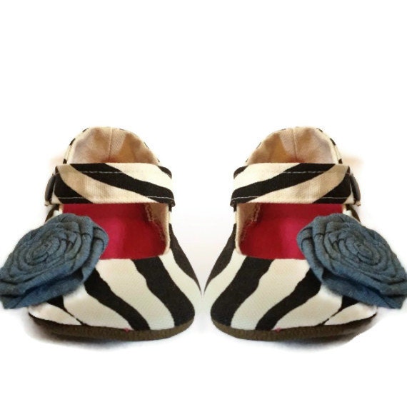 Lovely Zebra, Mary Jane style, young toddler shoes, available to order in sizes 18 mo. to 3T, denim flower