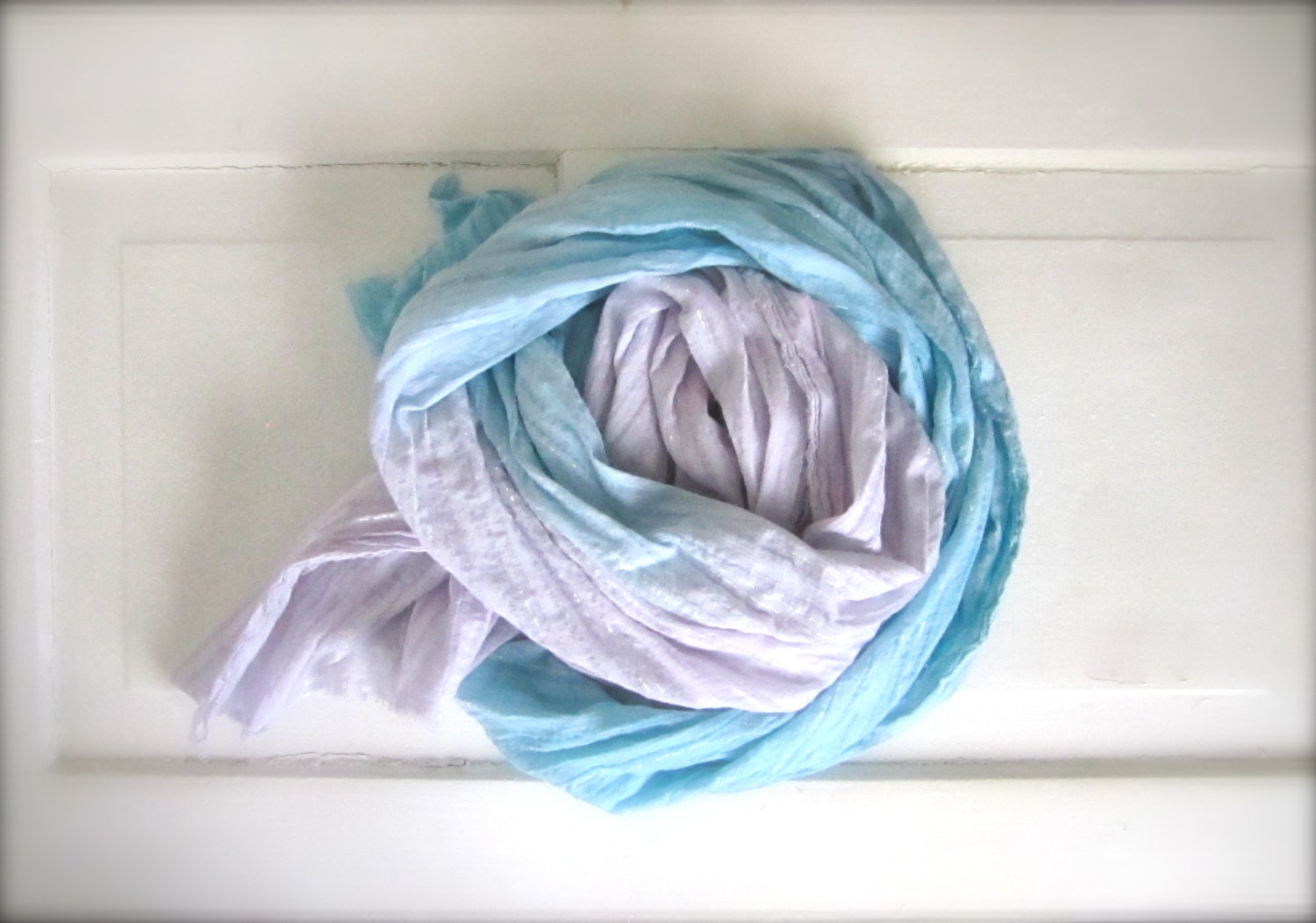 Cotton Hand Dyed Lightweight, Spring Scarf, Summer Scarf, Light Lavender, Light Sky Blue,Ombre, Scarf, Shawl, Wrap with Silver Thread Stripe