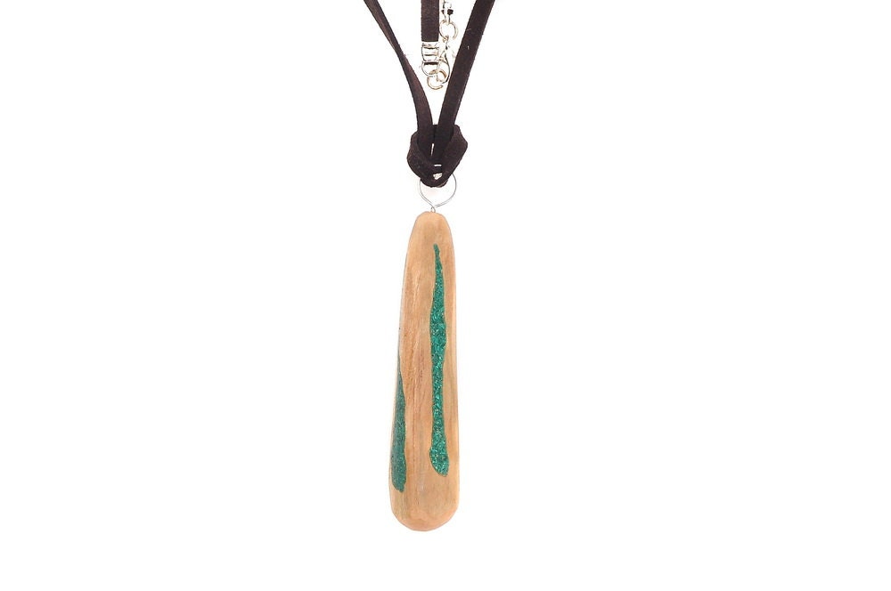 Wood Pendant - Olivewood and Malachite - Malachite Slender