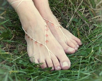 Bridal barefoot sandals. Peach drops beaded crochet node shoes, rustic beach wedding sexy foot jewelry, yoga, bellydance