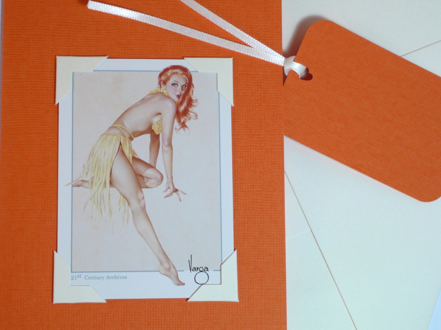 Red Head Copper Hair Pouty Calendar Girl Pin Up Blank Notecard Greeting Card