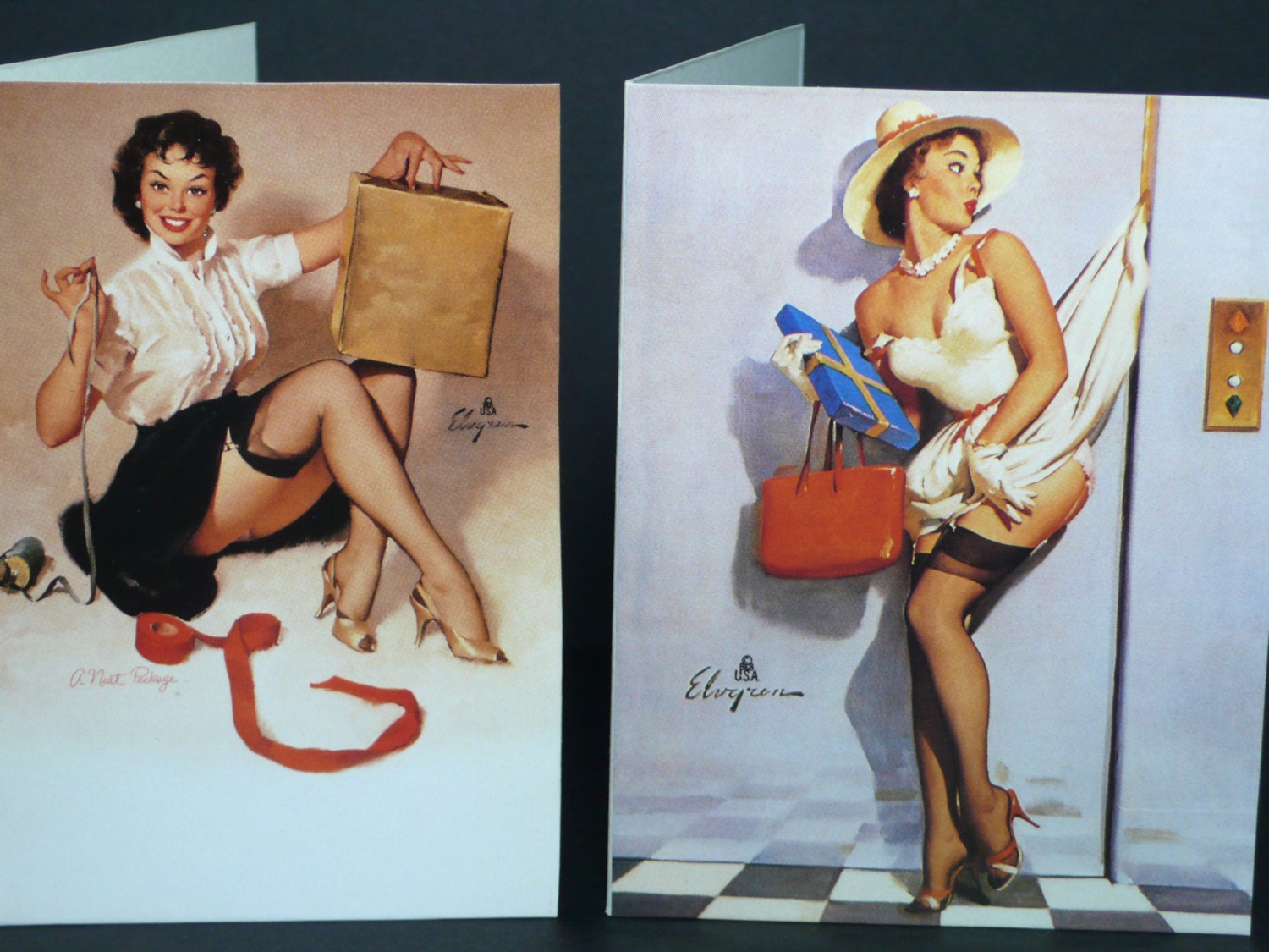Funny Greeting Card Gift Wrap Elvgren PinUp Girls in Stockings with Presents Any Occasion mini set of 2