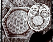 Sacred Geometry Patches Set - Pair of Owl and Flower of Life Silkscreened Prints on Fabric - Eco Friendly Evolutionary Art