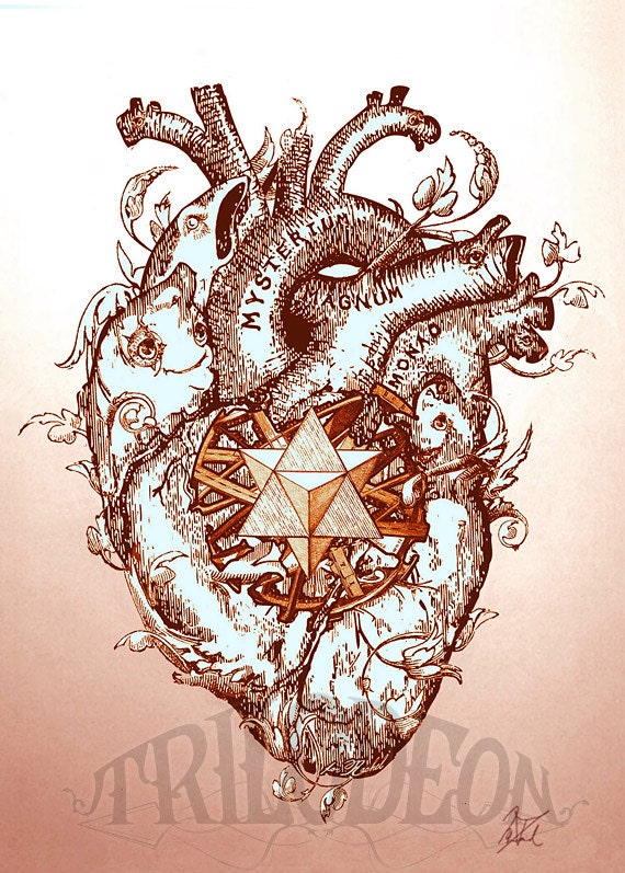 Magical Mystical Heart 5x7 Archival Print- Original Art Anatomical Heart Merkaba LOVE is the GREAT MYSTERY by Niffer of Trilodeon
