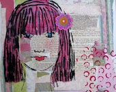 mixed media, original collage, woman's face, flowers, water color, decorative paper, OOAK, book pages