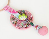 pink, fabric pendant,fiber art, textile jewelry