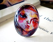 Large Cocktail Ring Original Artwork Illustrated Jewelry 30 x 40 mm Glass Cabochon Cameo Setting Adjustable Silver Ring Sarah Donnell