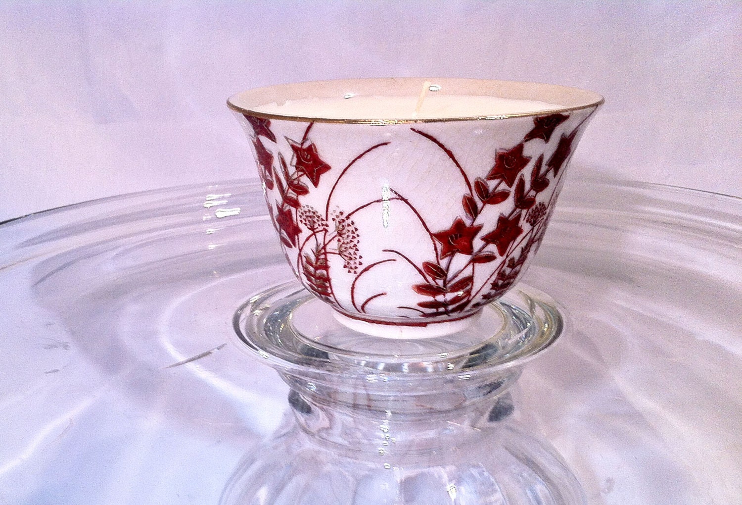 Recycled Sake Cup Burnt Orange Floral Pattern Handmade Scented Soy Candle