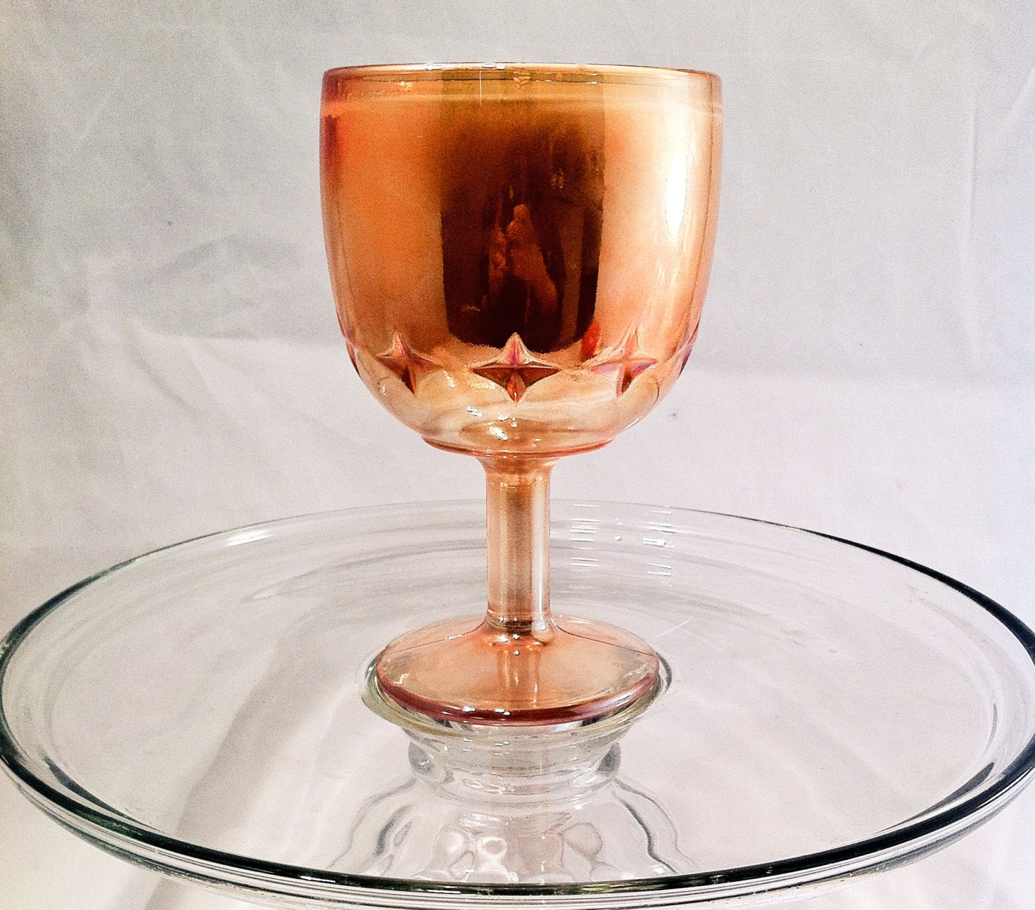 Vintage Recycled Pearlescent Peach Goblet With Star Pattern Handmade Scented Soy Candle