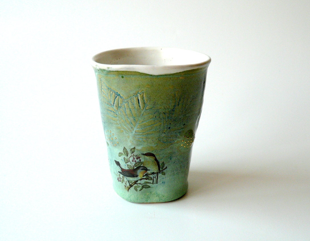 Forest Cup in Mint and Cream with Birds and Gold Sparks