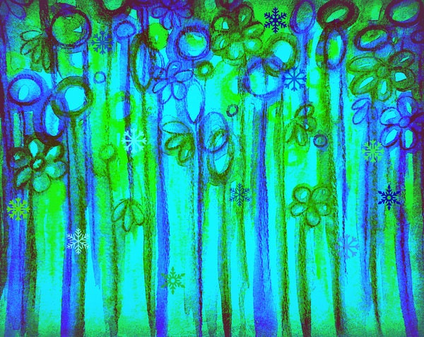 WINTER GARDEN Fine Art Print, Bright Bold Flowers Neon Acid Green Royal Blue Floral Abstract Watercolor Painting