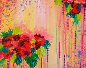 STRAWBERRY CONFETTI PAINTING Abstract Acrylic Floral Art Painting Original Home Decor Beautiful Feminine Flower Bouquet Garden Girlie Pink
