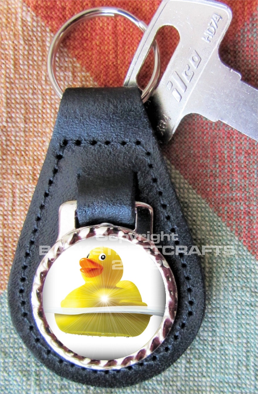 RUBBER DUCKY DUCK Bath Genuine dyed black Leather Key Ring Fob Fathers Day  Graduation Christmas Under 15.00