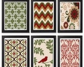 Dark Red Green Unframed Vintage / Modern inspired Art Prints Collection -Set of (6) - 8x11 Print (UNFRAMED)