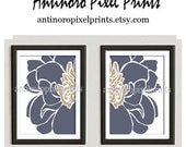Digital Posters Blue Khaki White Wall Art Vintage / Modern Inspired -Set of 2 - 16x20 Prints -  (UNFRAMED)