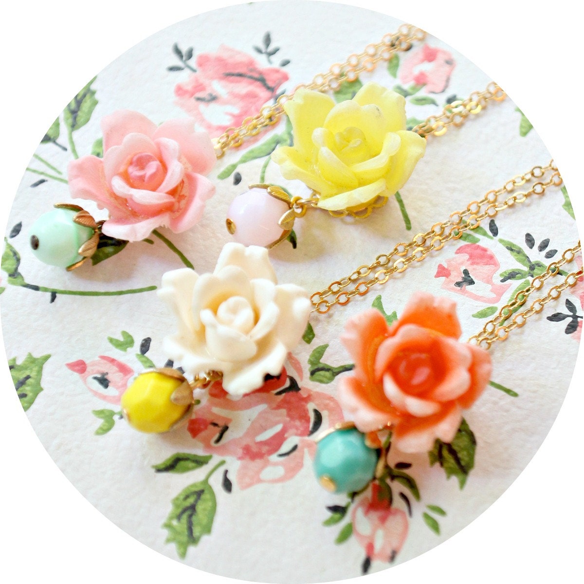 Four Garden Wedding Party Vintage Rose Necklace , Bridesmaids Rose Necklaces Bundle