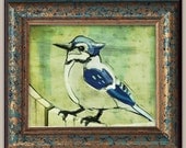 Blue Jay Illustration, Bird on Branch, Winter Bird, Handmade- Original Digital Print, 8"x10"