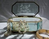 Vintage Glass Jewelry Box Beveled Etched Glass Brass Findings Mirror 1970s