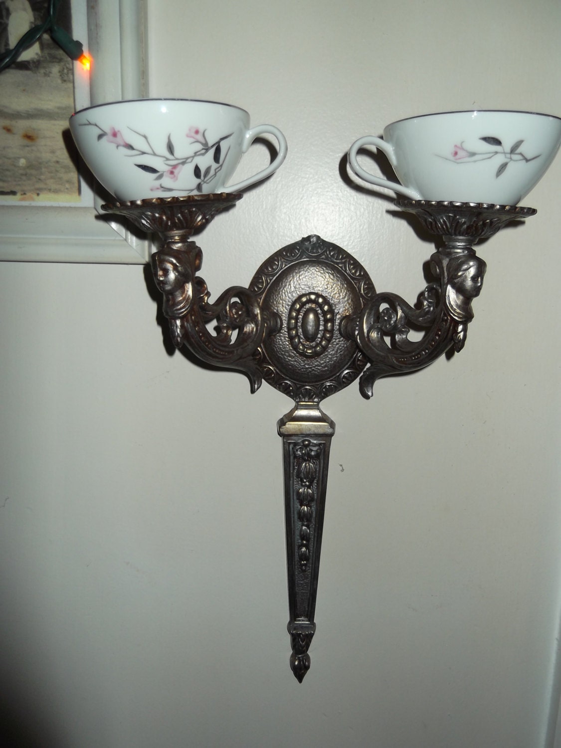 candle sconce, cherub, birdfeeder, candle holder, upcycled sconce. brass, shabby chic decor, steampunk decor