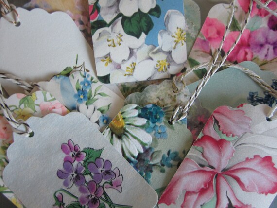 Buy gift tags and cards handmade - Handmade Gift Tags from Vintage Greeting Cards Set of 12 All Flowers
