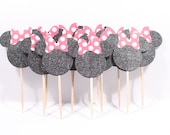 12 Black Glitter Minnie Mouse Cupcake Toppers/Food Picks with Red & White Polka Dot Bows