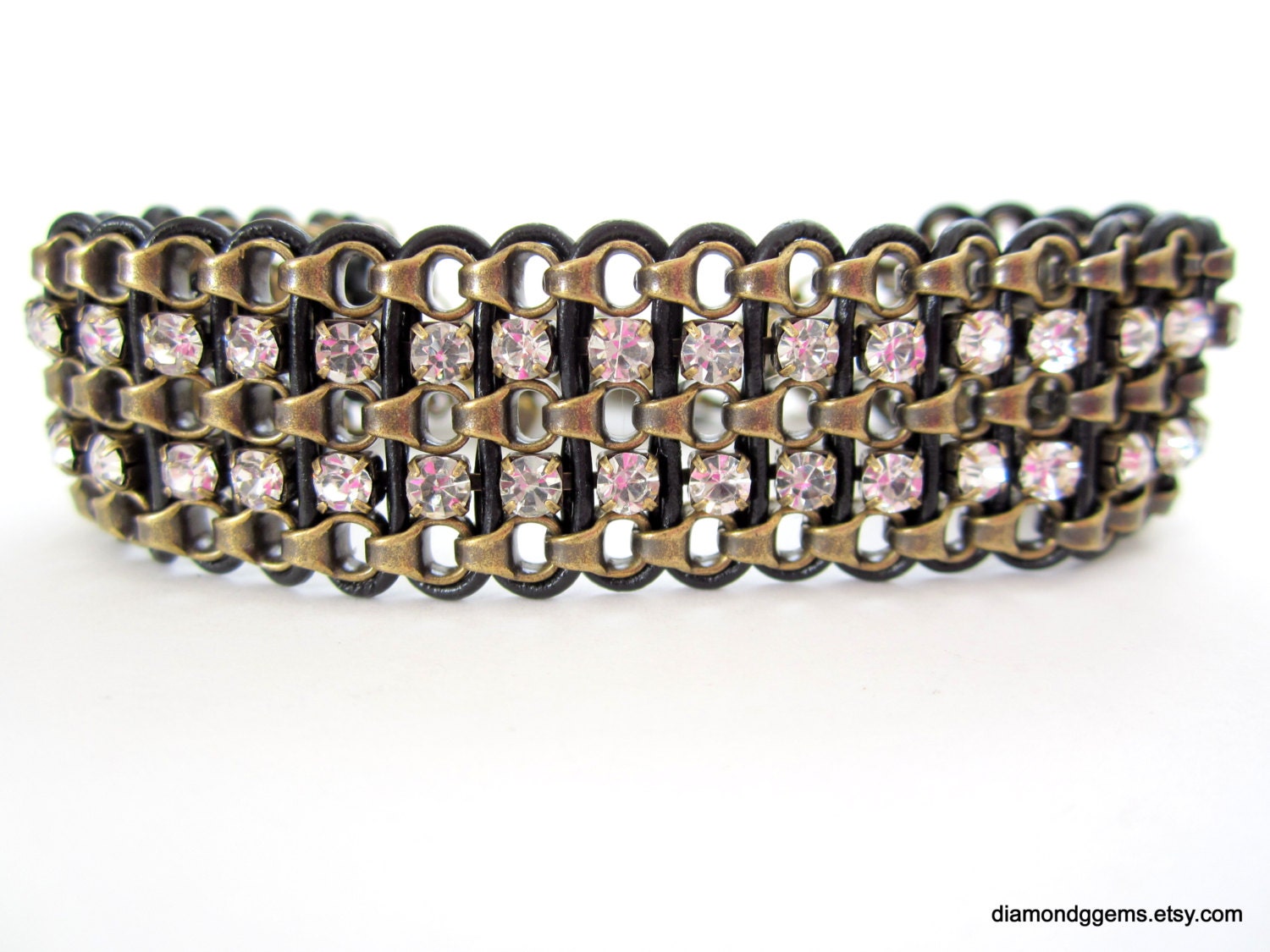 Brass Crystal Chain Leather Bracelet Women's Leather Bracelet Antique Brass Box Rollo Chain Brass Toggle Handmade Fine Jewelry Weave