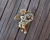 Vintage Angel Brooch, Antiqued Brass, Rhinestones, Cherub Angel, Nice Condition