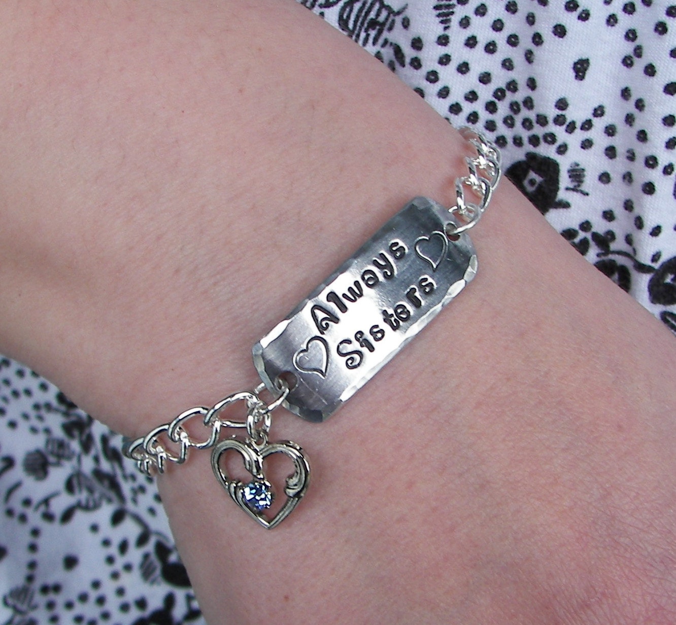 Hand Stamped Jewelry Sisters Bracelet with a Rhinestone in a Heart Charm And a Heart stamping