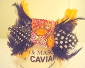 Couture dog collar.Yellow and black plumage feathers with faux gem center wrap