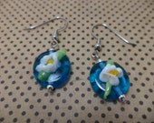 Blue and White Lily Pad Lampwork Earrings - Lilypad, Pond, Glass Bead, Dangle, Water Lily