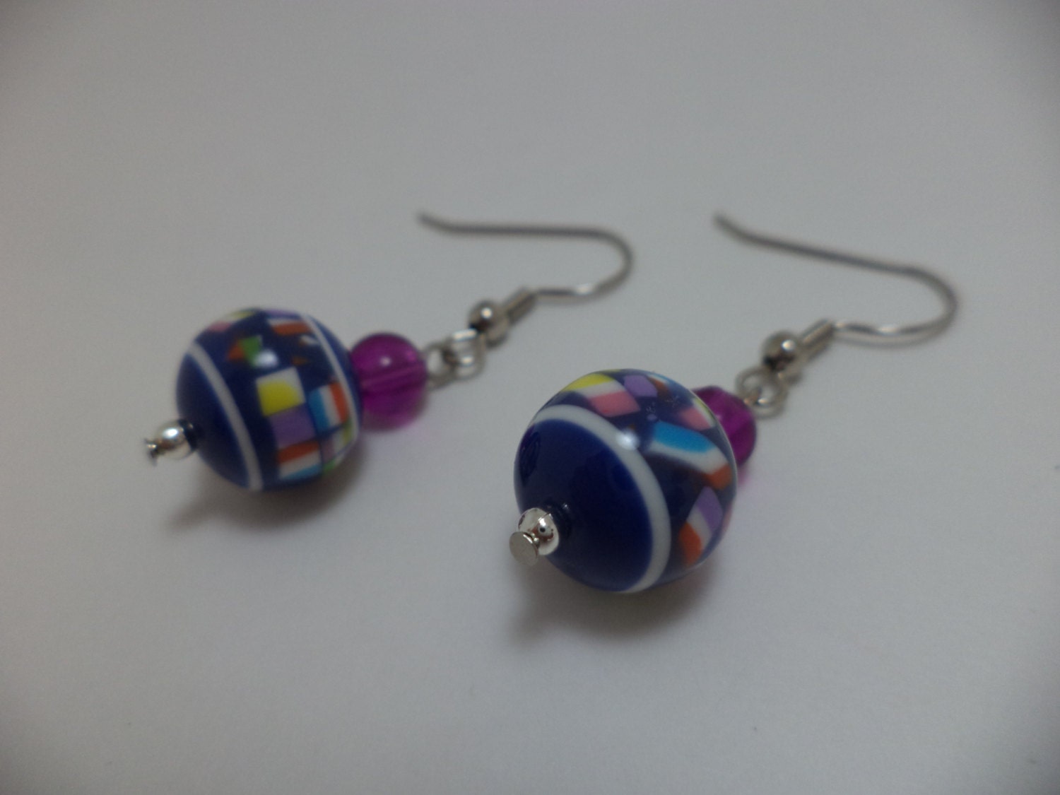 Blue and Purple Multicolored Glass Bead Earrings - Dangle