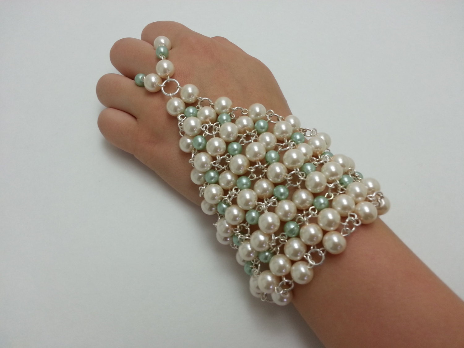 Beaded Slave Bracelet, Victorian Style Bracelet, Bridal Bracelet, Pearl Bracelet, Chainmaille