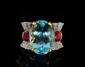 Spectacular 15.50CT aquamarine 1.40 Ct ruby and diamond unique retro ring