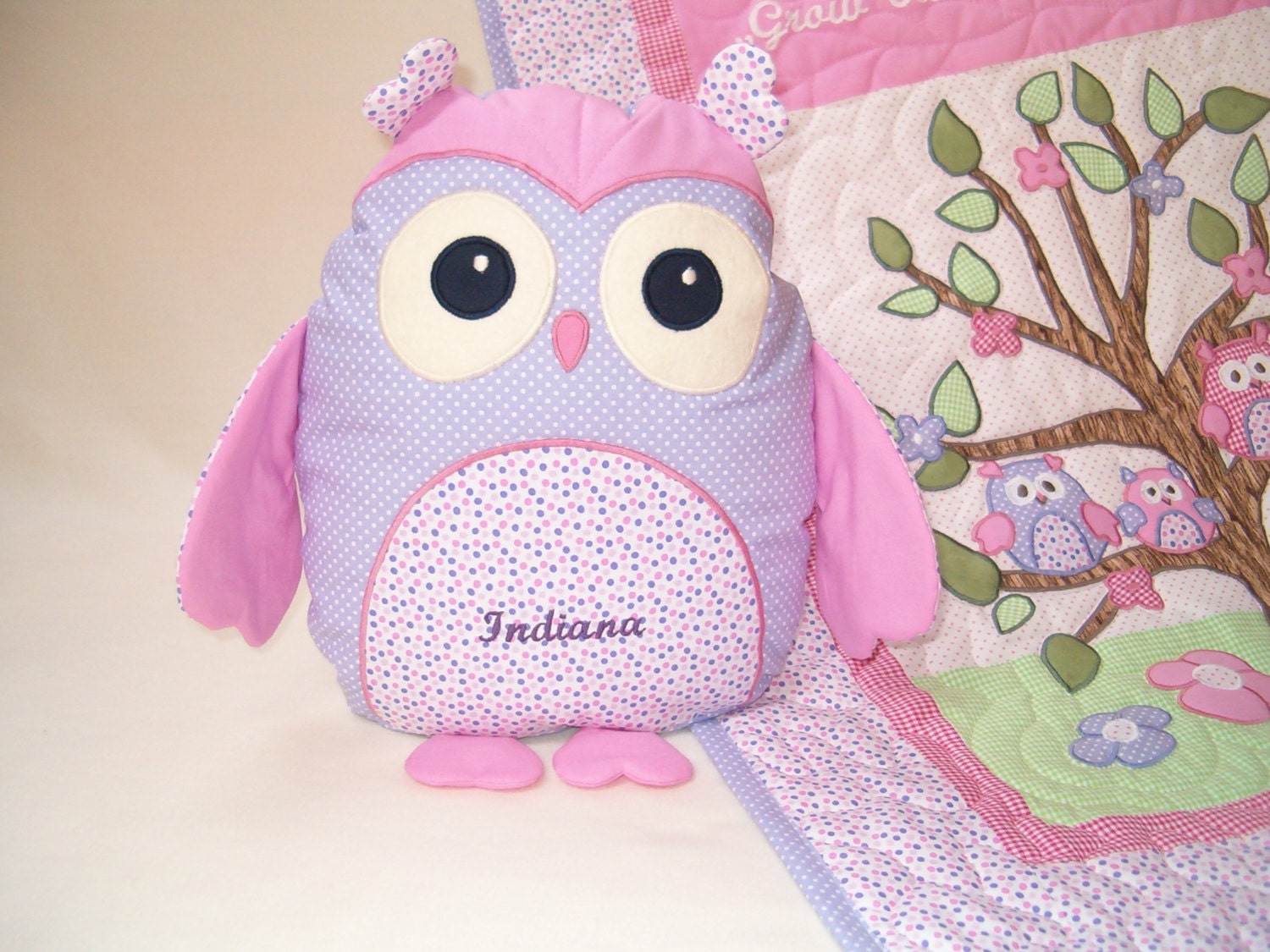 Personalized Owl Pillow -  Sweet Heart Owl Baby Shower - purple,  pink- white - HET -