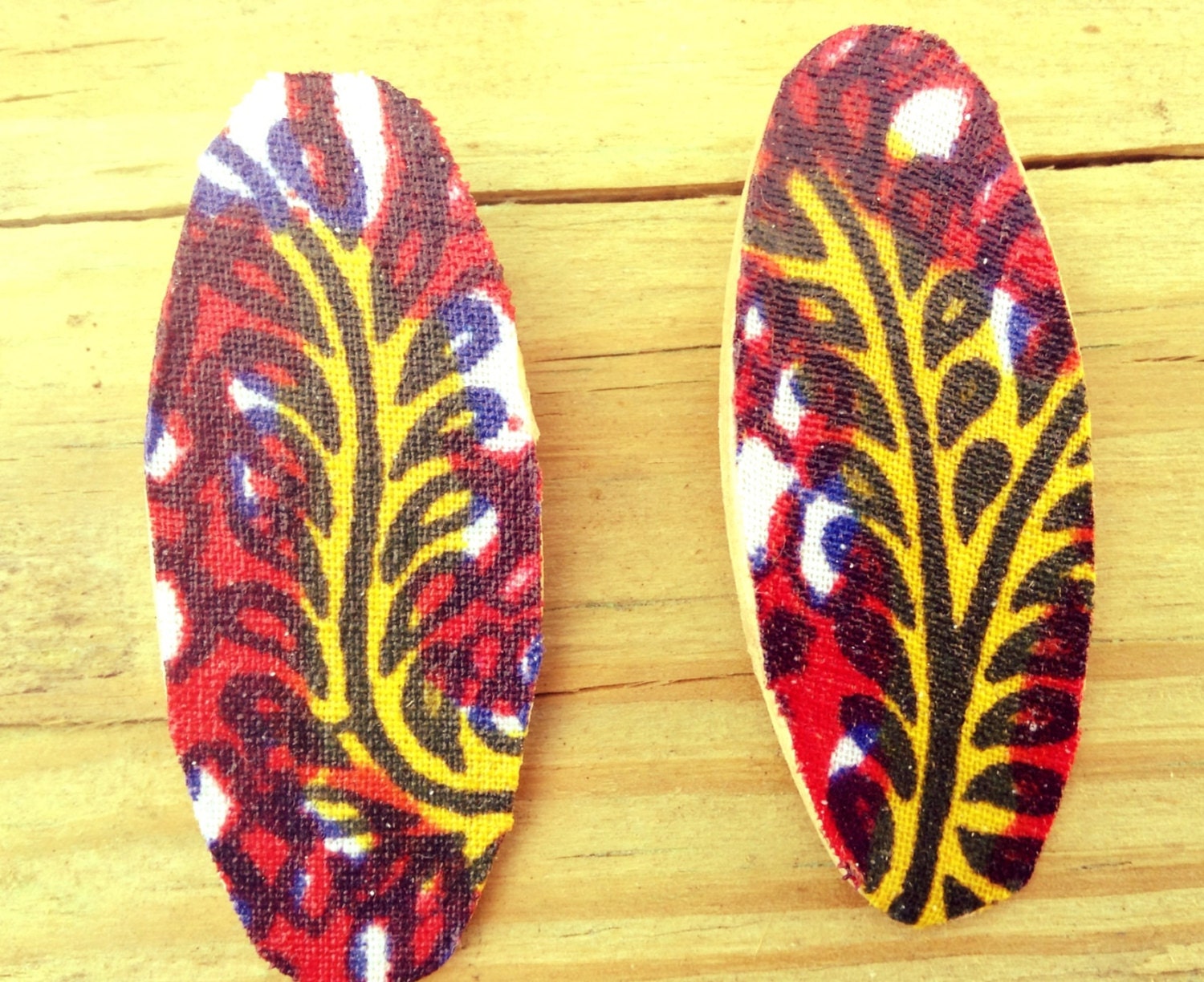 Funky Floral--Oval Shaped Burgundy and Yellow Fabric Post Earrings