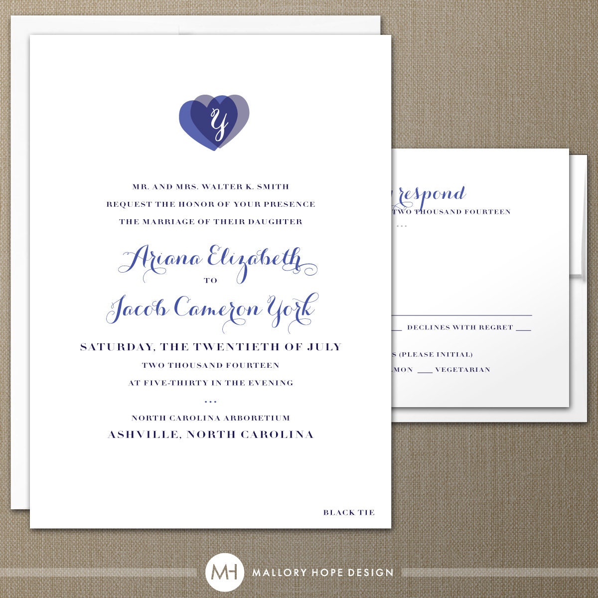Two Hearts Modern Wedding Invitation & RSVP Set - CUSTOMIZE Colors and Content - Digital Design Files
