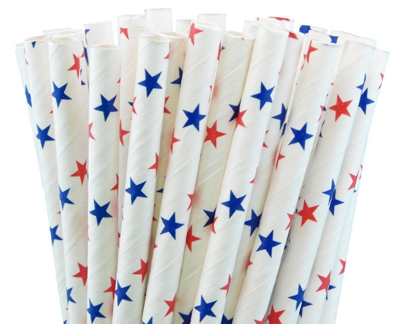 25 Red and Blue Stars on White Paper Straw