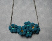 PRIMAVERA- textile/fabric statement flowers necklace in Prussian blue, femenine, hand sewn soft sculpture