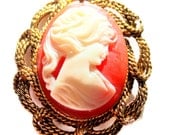 Victorian Style Carved  Cameo Brooch Pendent Peach and Cream
