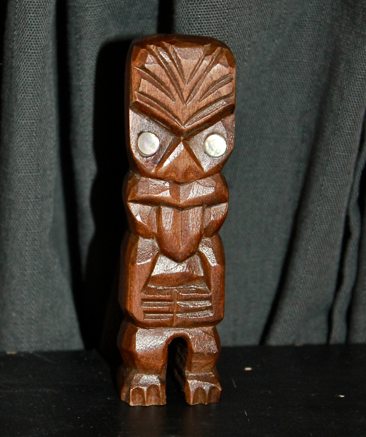 Vintage Maori Teko Teko Statue-Mini Polynesia Paua Shell