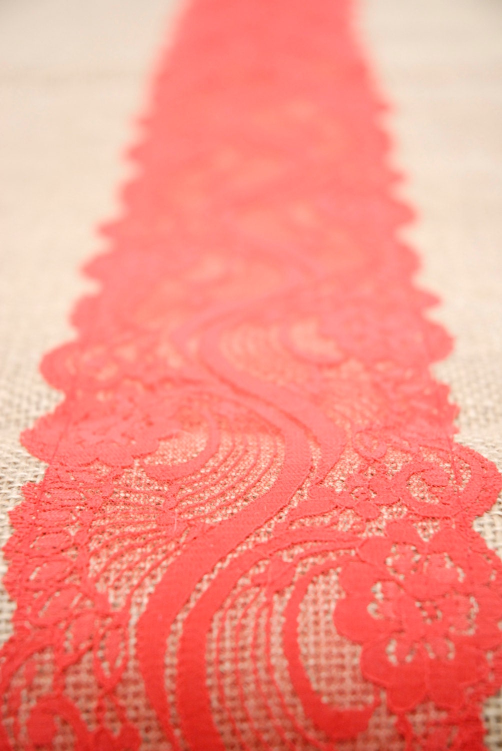 Beach Coral, Orange, Coral Red, Vermillion,  Lace, Burlap Runner 12"x108".  Country, Preppy,  Beach Wedding, or  Indian Wedding