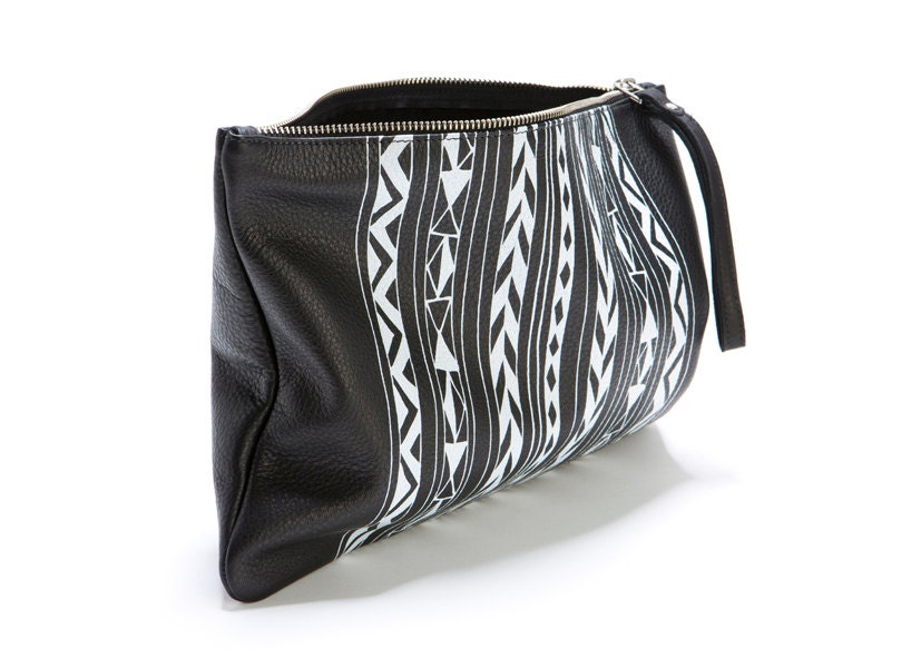 GEO STRIPE - large leather clutch, hand screen printed, latge purse, foldover clutch in black and white