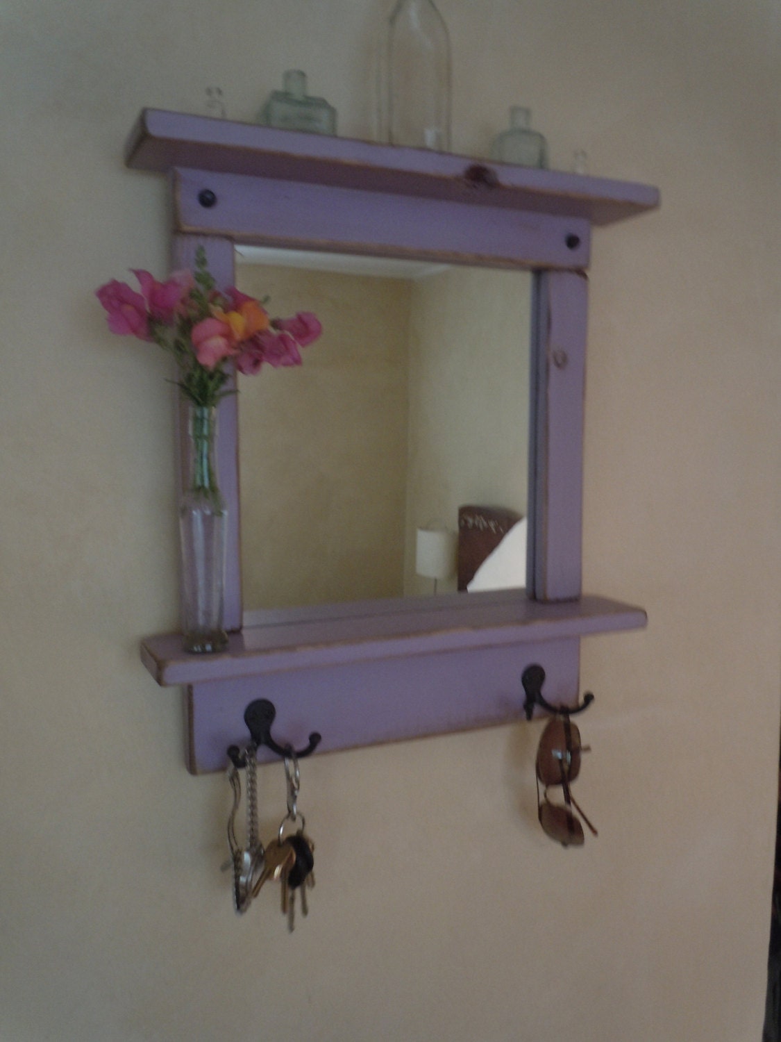 EXPEDITED-Craftsman Style Mirror with Shelves and Hooks in Winter Amethyst
