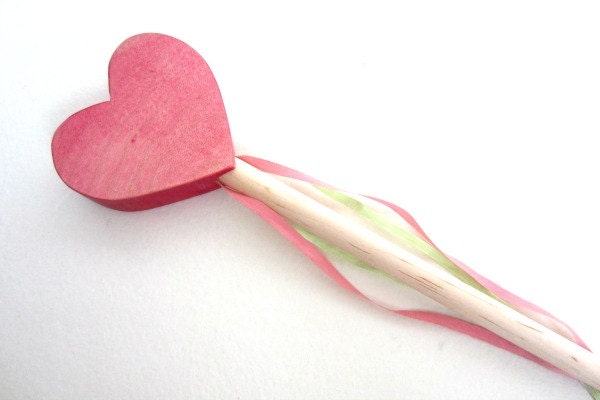 Wooden Toy Wand - Heart and Silk Ribbon Wand-  Waldorf Valentine's Day