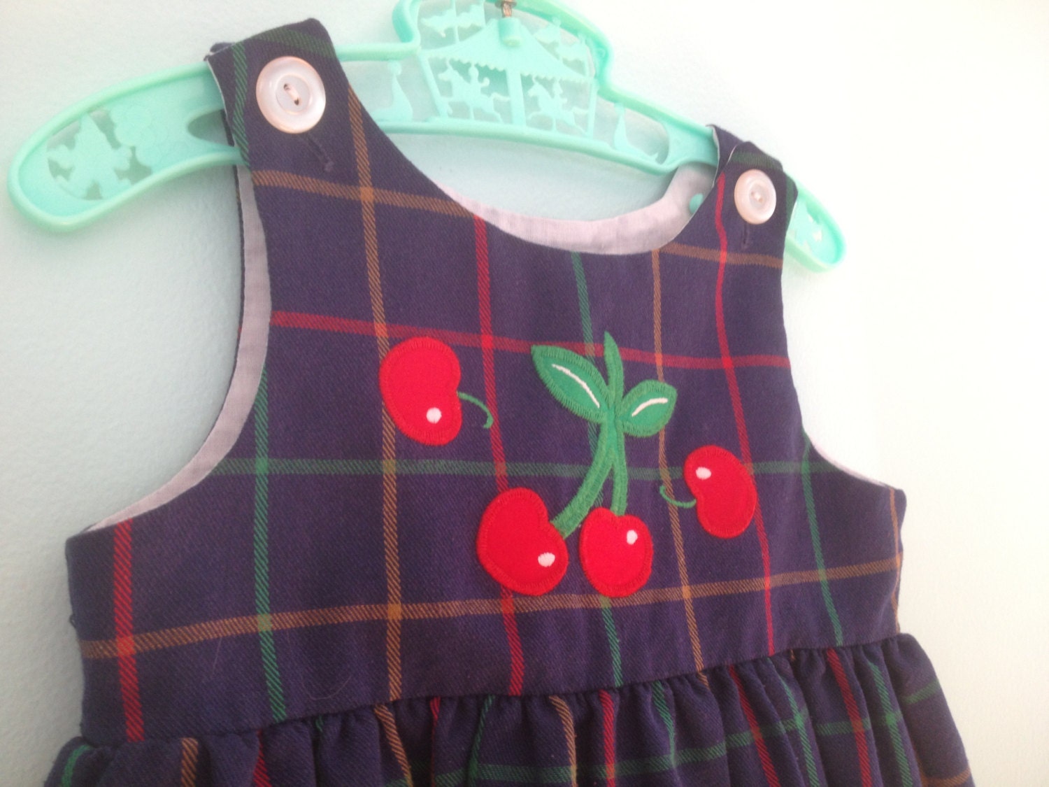 Vintage Navy Plaid Jumper with Cherries on Chest 2/3T