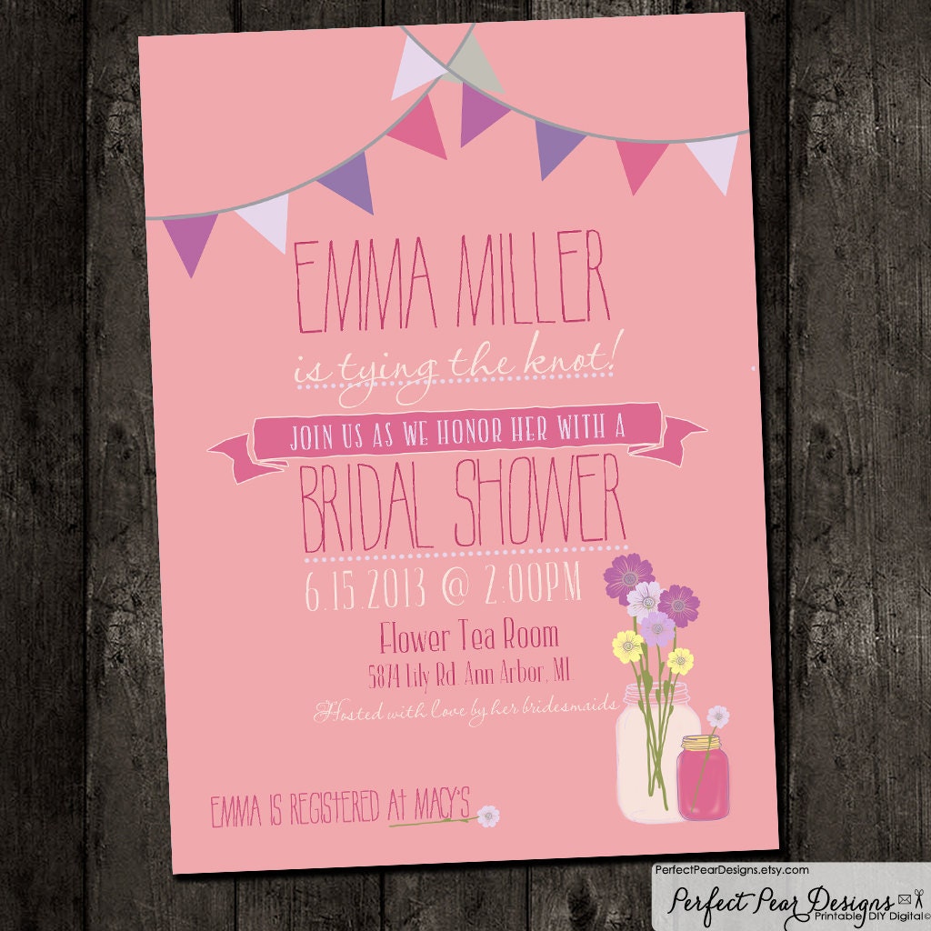 Bridal Shower Invitation - Vintage Mason Jar Flowers - purple, poster style, flowers, floral - Baby, Birthday, Party (DIY Digital Printable)