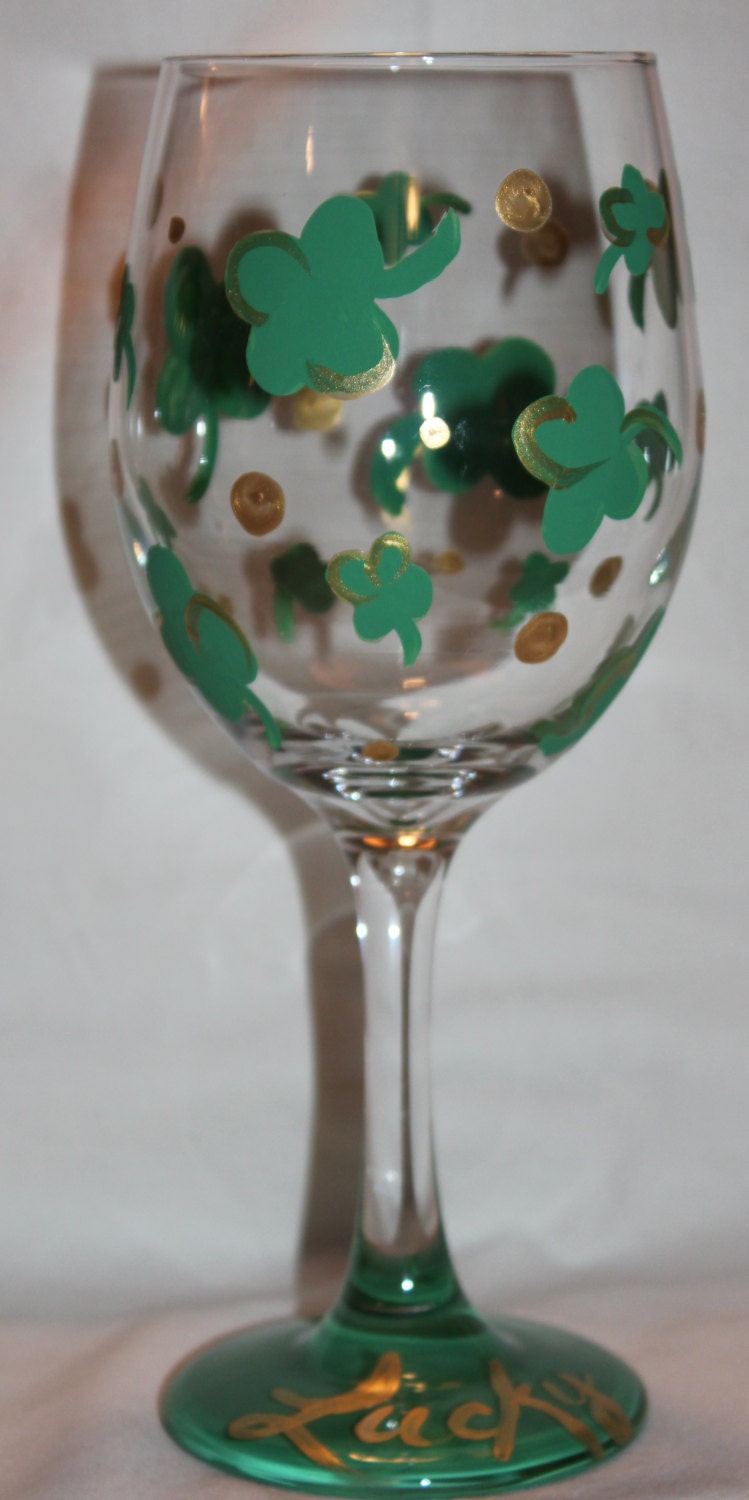St. Patrick's Day Wine Glass - Four Leaf Clover - Lucky - Wine Glass - SALE