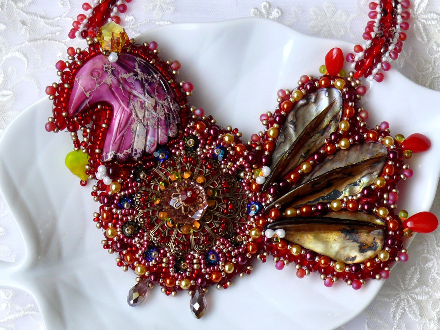 Bead embroidered necklace SPRINGTIME BIRD variscite Carved sea sediment jasper crystal Beadwork embroidery Seed Bead Jewelry EBW team